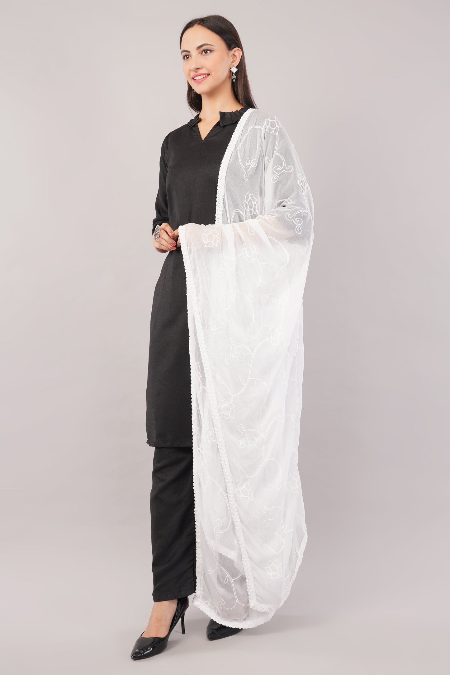 “Nazneen Chiffon Embroidered Dyeable Dupatta (ND7) with delicate embroidery – lightweight, breathable, and perfect for custom dyeing and everyday ethnic wear by Negchaar”