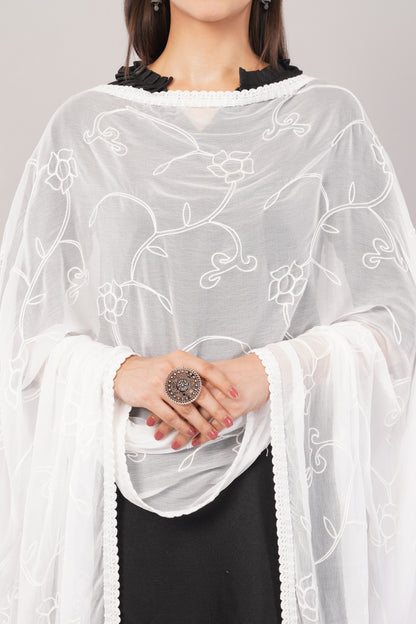 “Nazneen Chiffon Embroidered Dyeable Dupatta (ND7) with delicate embroidery – lightweight, breathable, and perfect for custom dyeing and everyday ethnic wear by Negchaar”