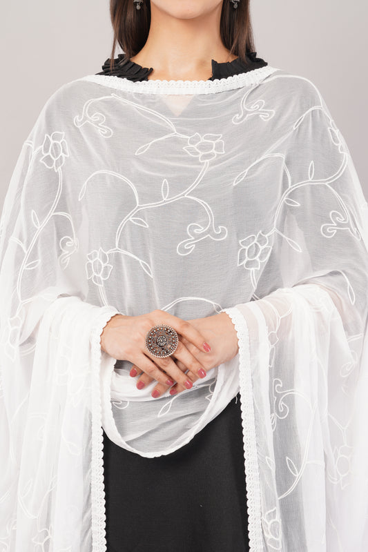 “Nazneen Chiffon Embroidered Dyeable Dupatta (ND7) with delicate embroidery – lightweight, breathable, and perfect for custom dyeing and everyday ethnic wear by Negchaar”