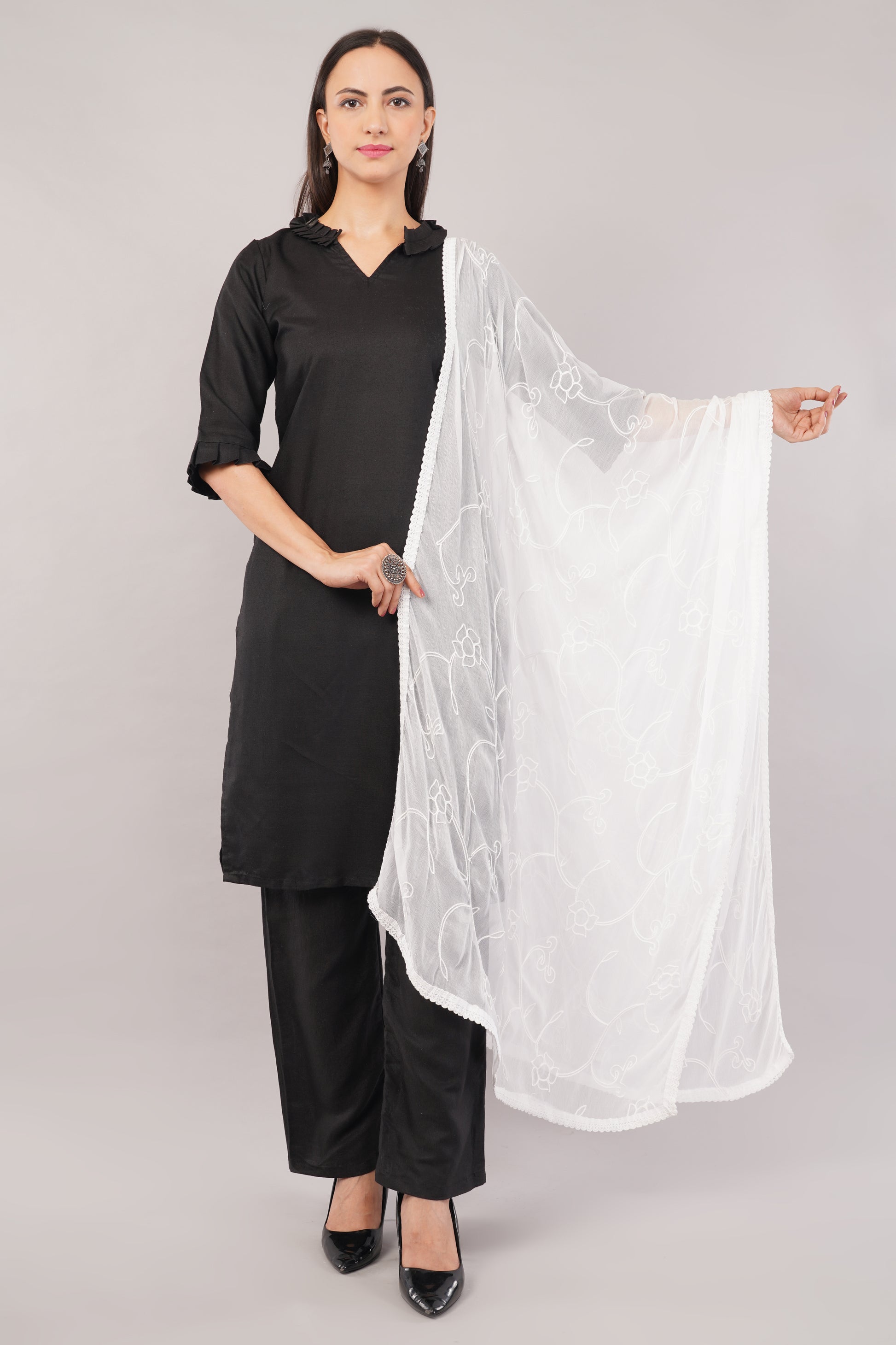 “Nazneen Chiffon Embroidered Dyeable Dupatta (ND7) with delicate embroidery – lightweight, breathable, and perfect for custom dyeing and everyday ethnic wear by Negchaar”