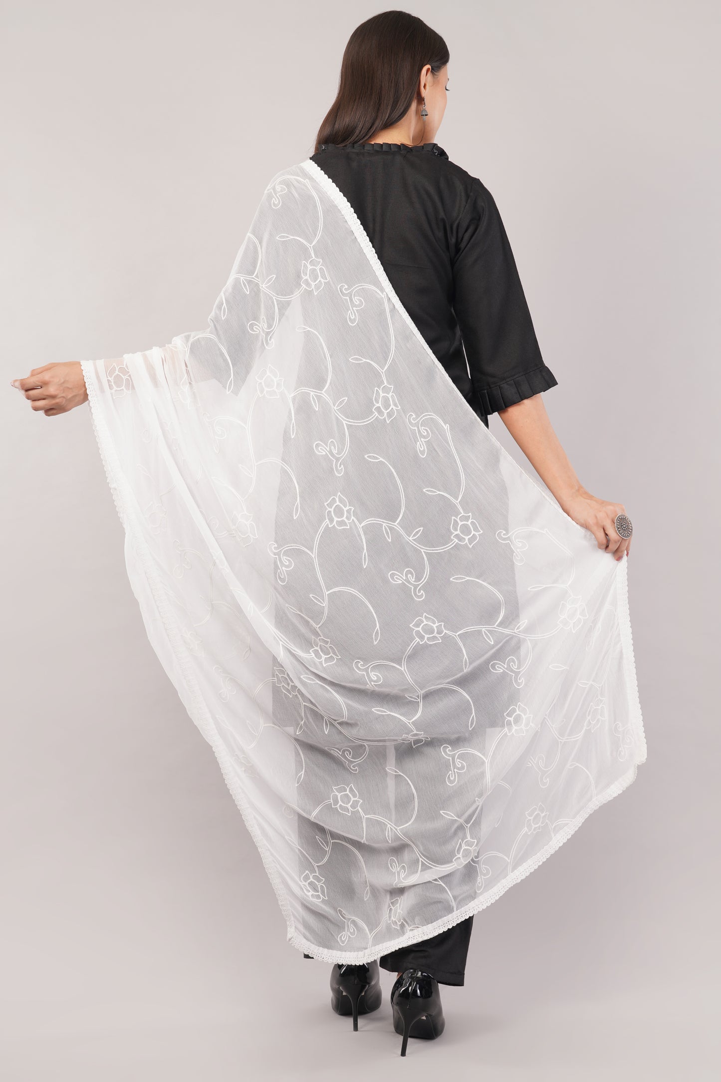 “Nazneen Chiffon Embroidered Dyeable Dupatta (ND7) with delicate embroidery – lightweight, breathable, and perfect for custom dyeing and everyday ethnic wear by Negchaar”
