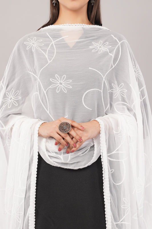 “Nazneen Chiffon Embroidered Dyeable Dupatta (ND8) with delicate embroidery – lightweight, breathable, and perfect for custom dyeing and everyday ethnic wear by Negchaar”