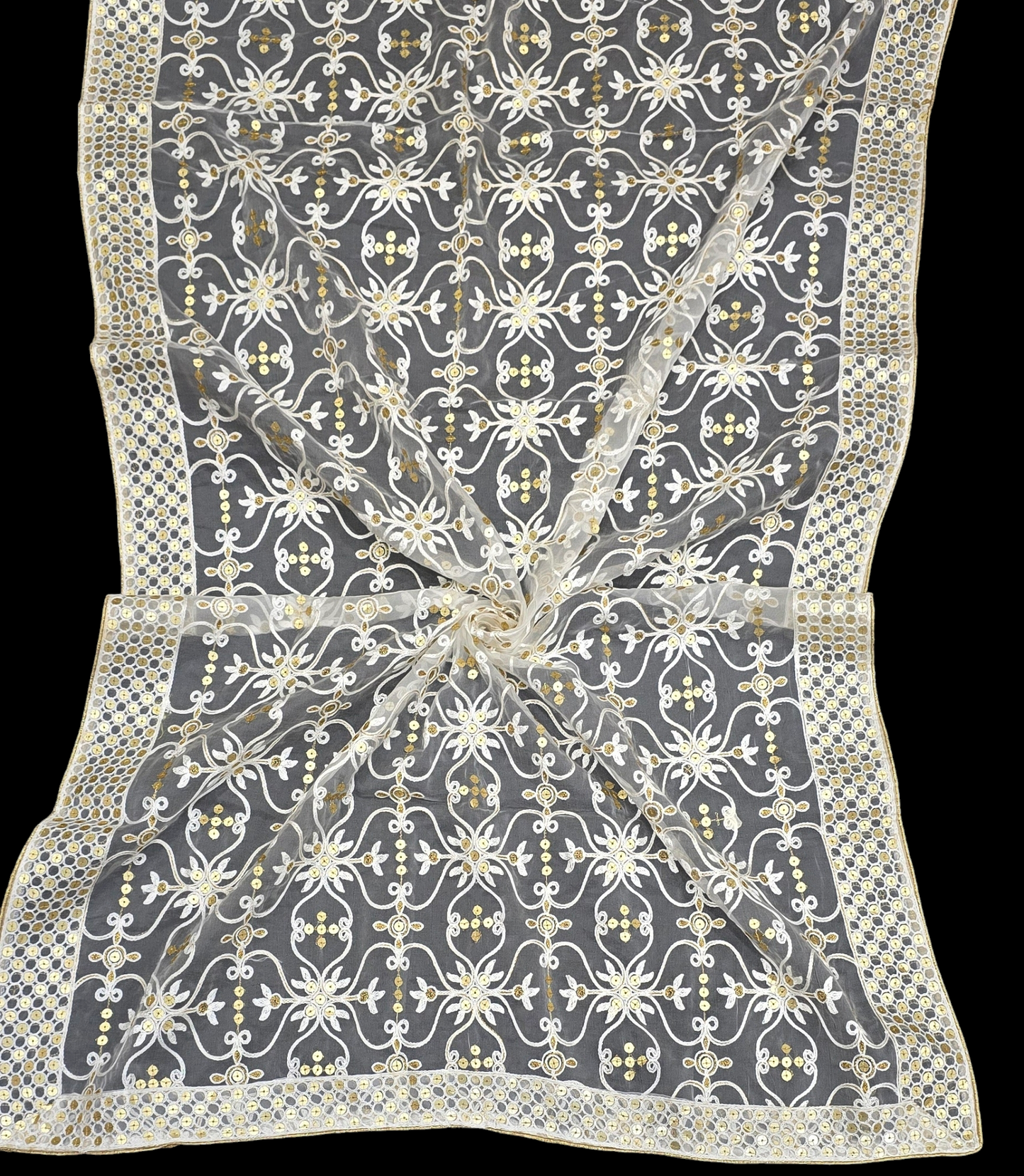 Negchaar SheerGlow Organza Dupatta – Trending Sequins Finish with Luxe 4-Side Border | Ideal for Custom Occasion Styling