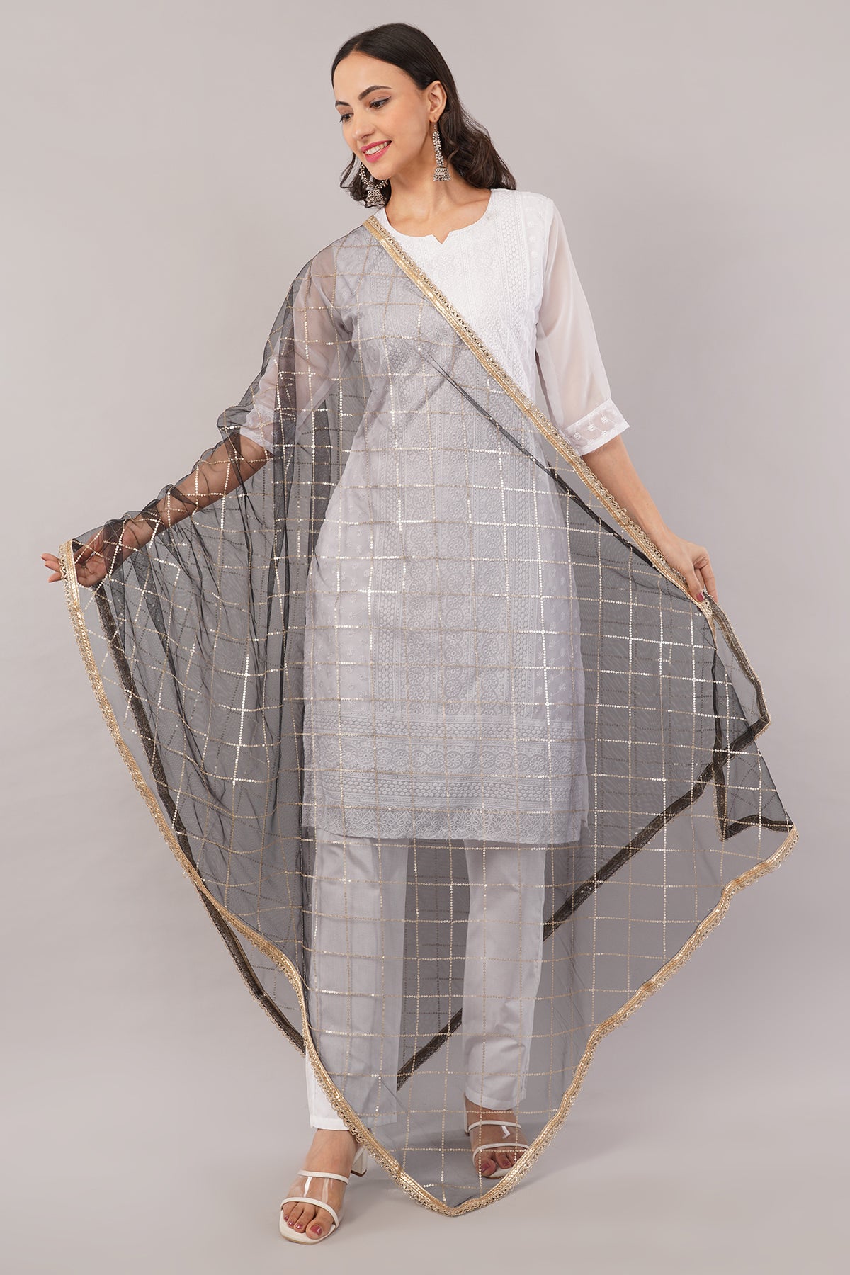 Net Sequins Chex Dupatta (NB4) - Negchaar