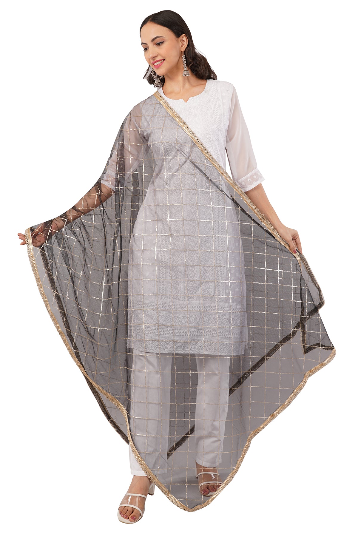 Net Sequins Chex Dupatta (NB4) - Negchaar