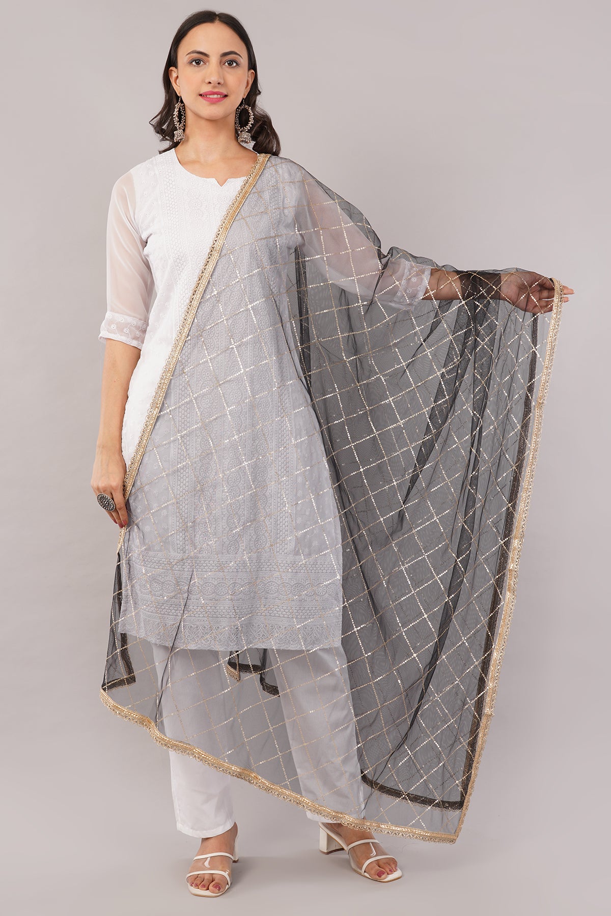 Net Sequins Chex Dupatta (NB4) - Negchaar