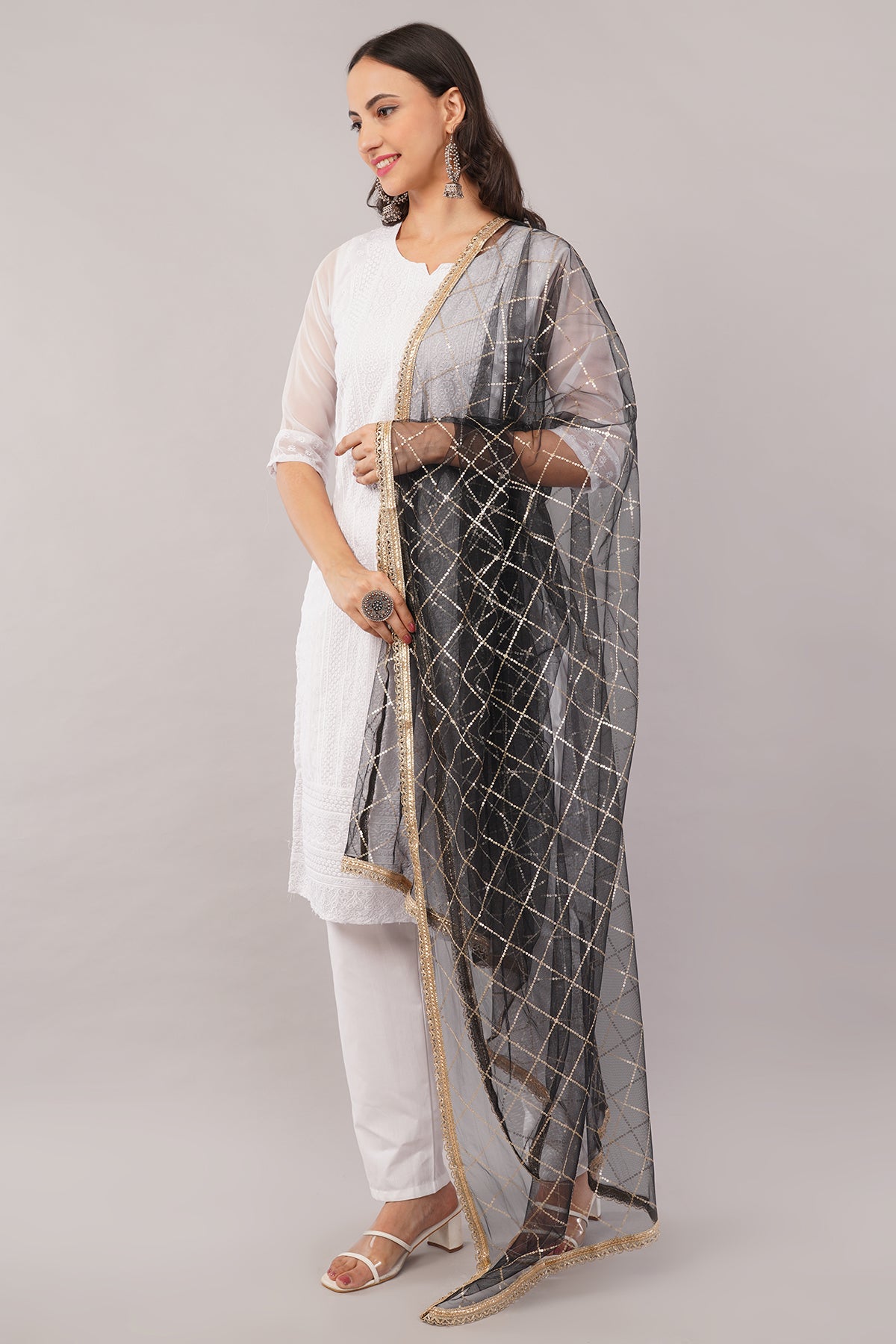 Net Sequins Chex Dupatta (NB4) - Negchaar