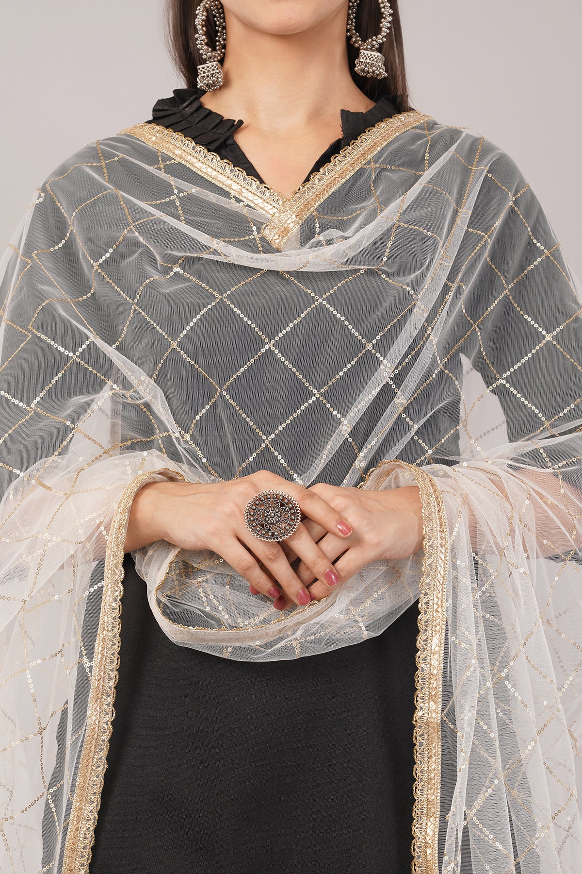 Net Sequins Chex Dupatta (NB8) - Negchaar