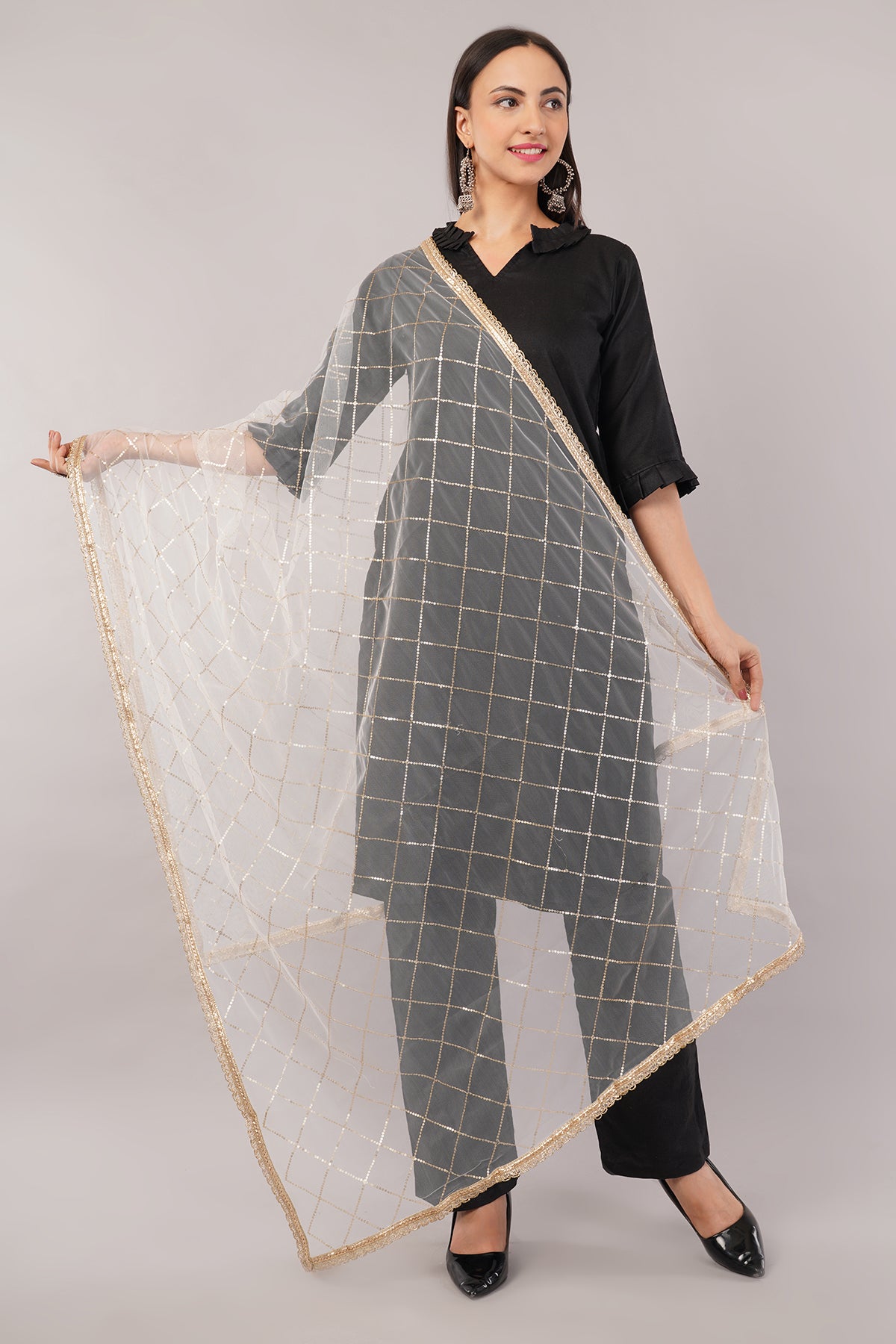 Net Sequins Chex Dupatta (NB8) - Negchaar