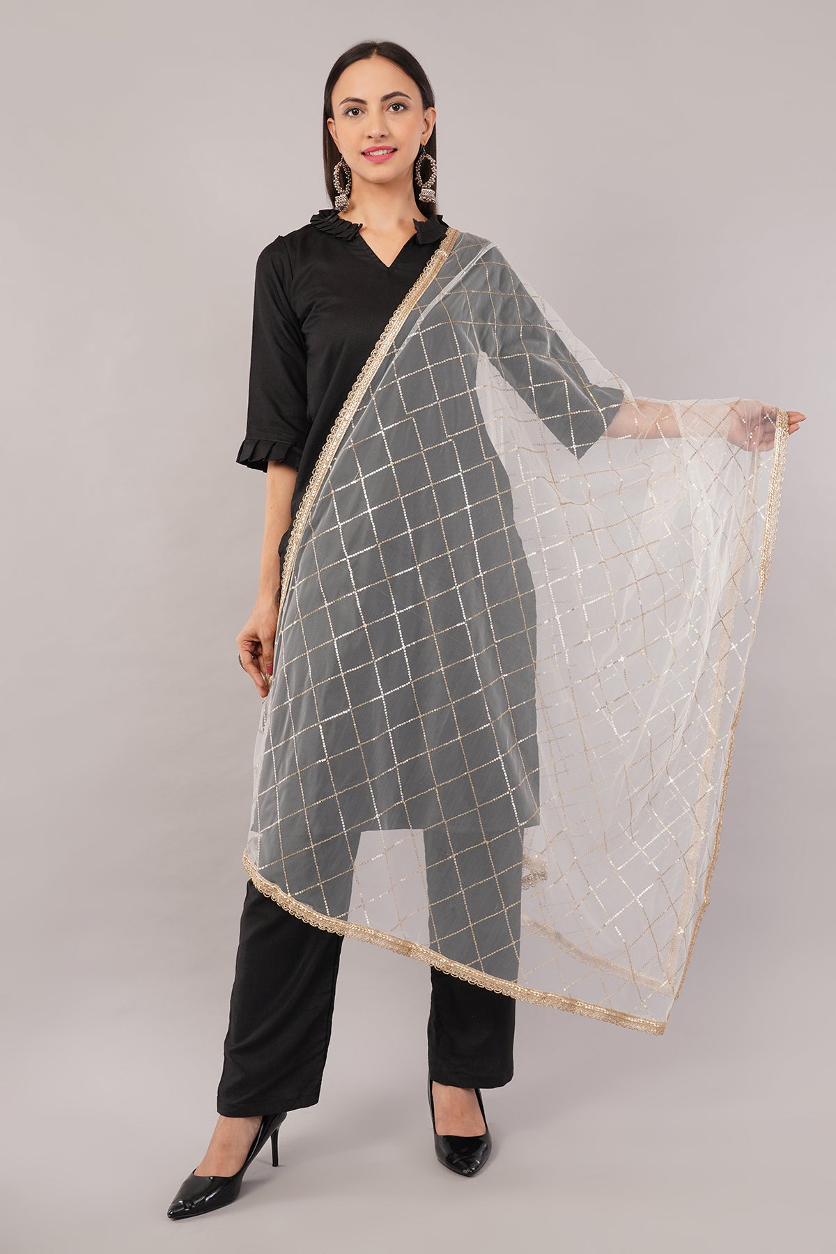 Net Sequins Chex Dupatta (NB8) - Negchaar