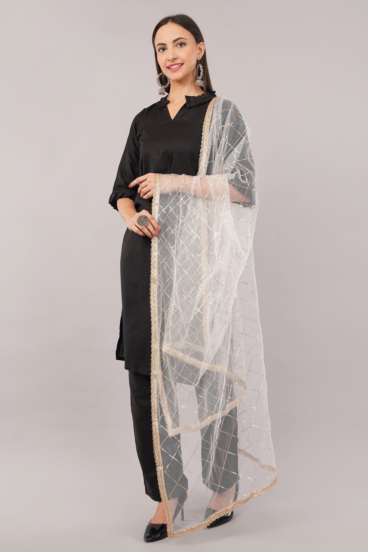 Net Sequins Chex Dupatta (NB8) - Negchaar