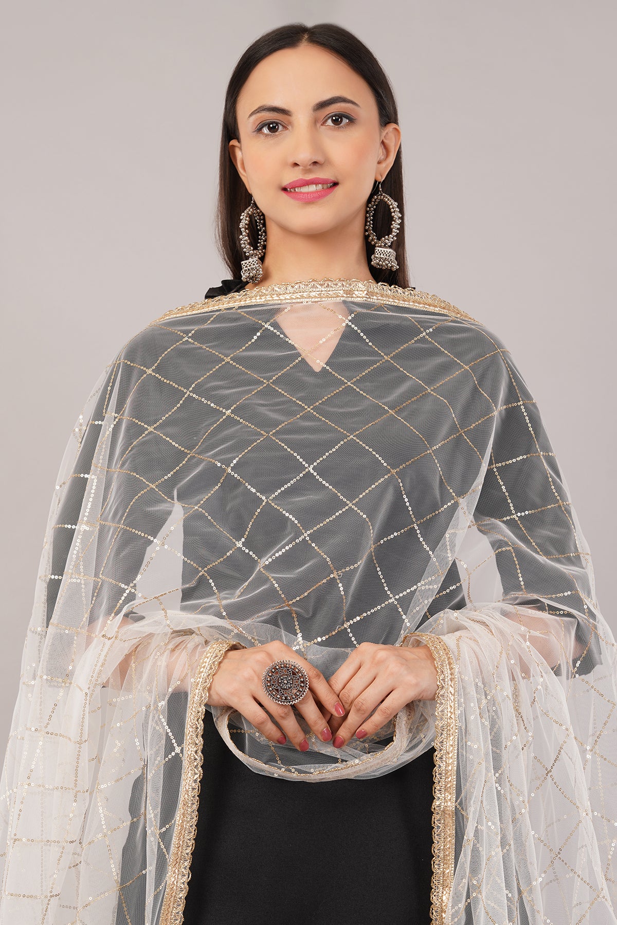 Net Sequins Chex Dupatta (NB8) - Negchaar