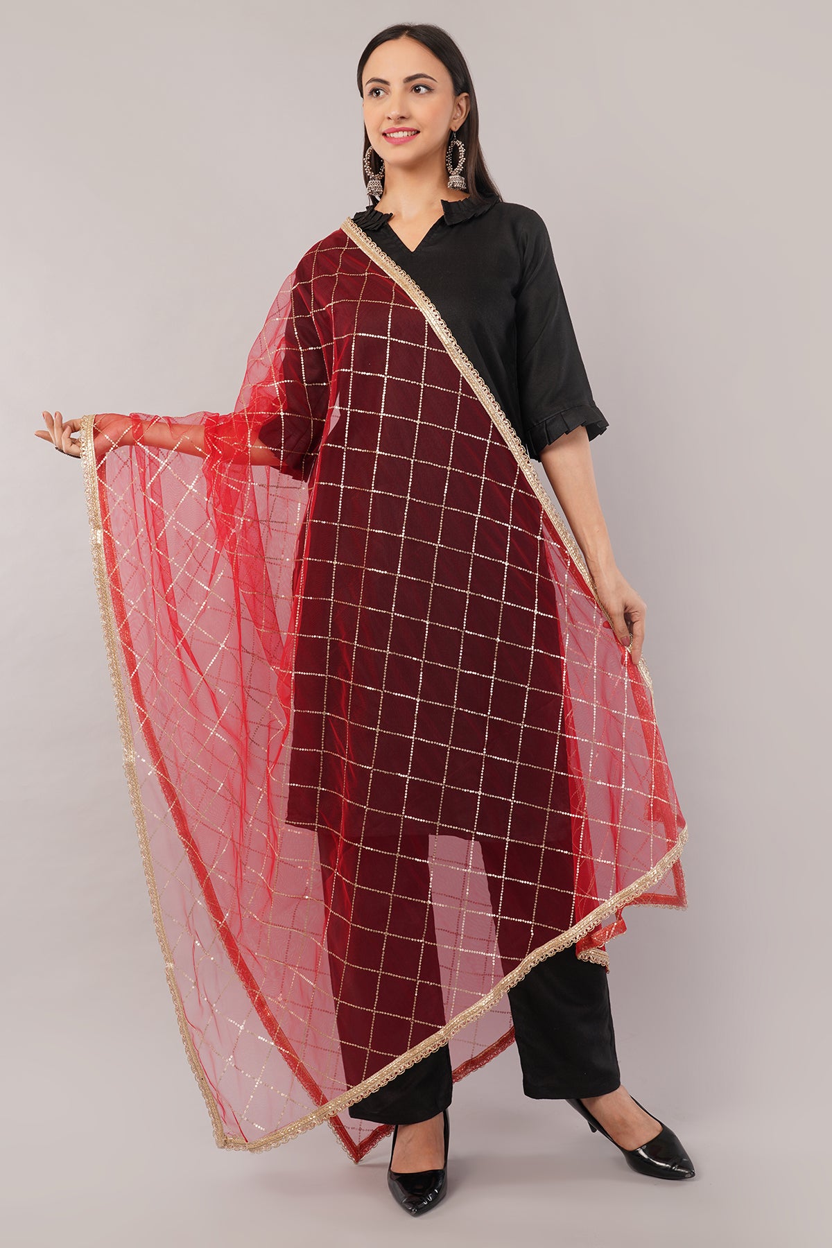 Net Sequins Chex Dupatta (NB1) - Negchaar