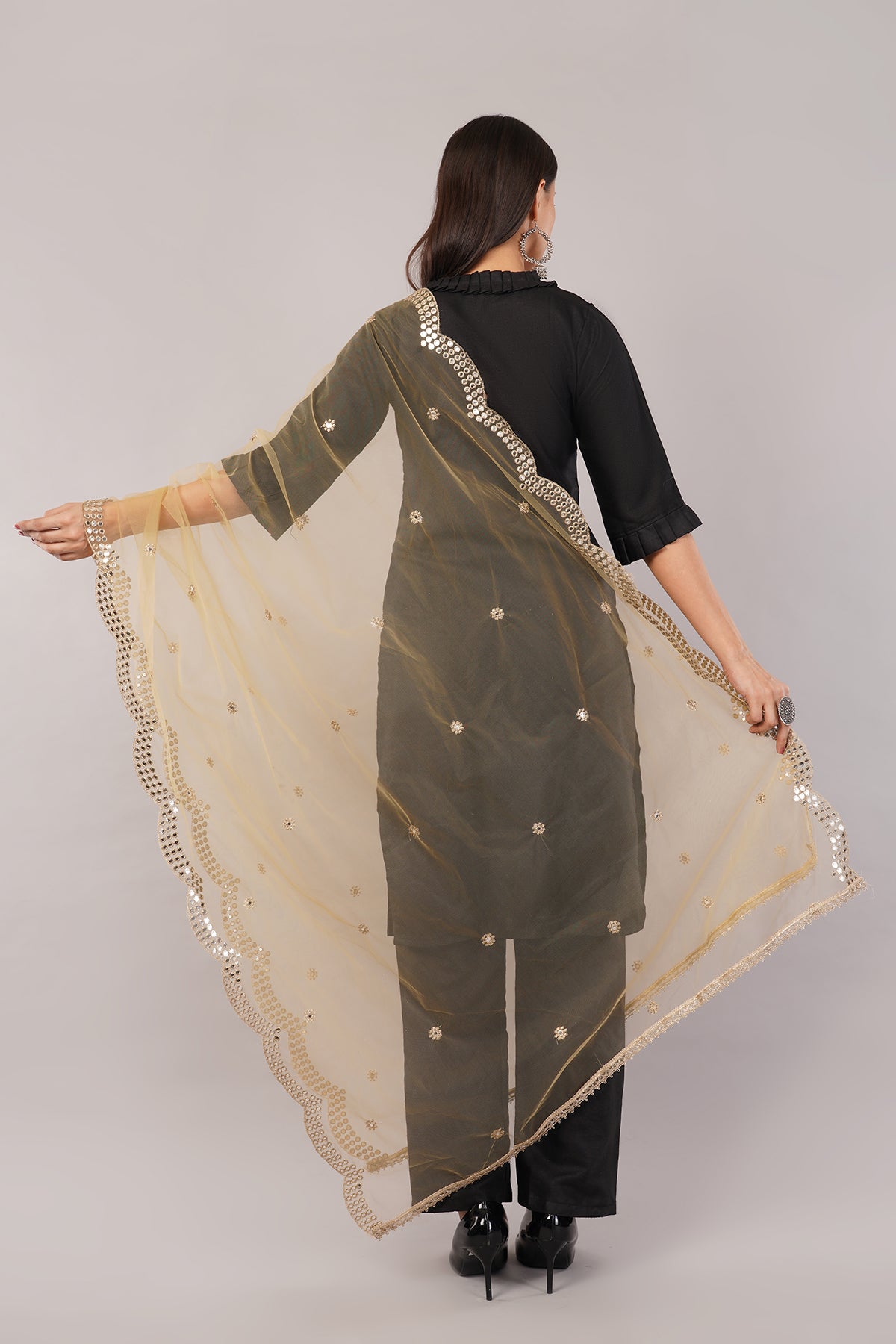 NET CUTWORK MIRROR DUPATTA (BEIGE) NC3- NEGCHAAR