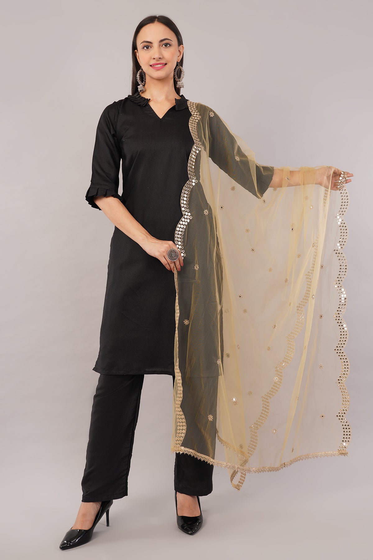 NET CUTWORK MIRROR DUPATTA (BEIGE) NC3- NEGCHAAR