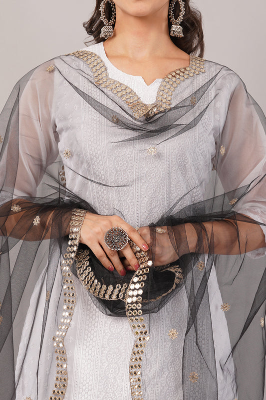 NET CUTWORK MIRROR DUPATTA (BLACK) NC6- NEGCHAAR
