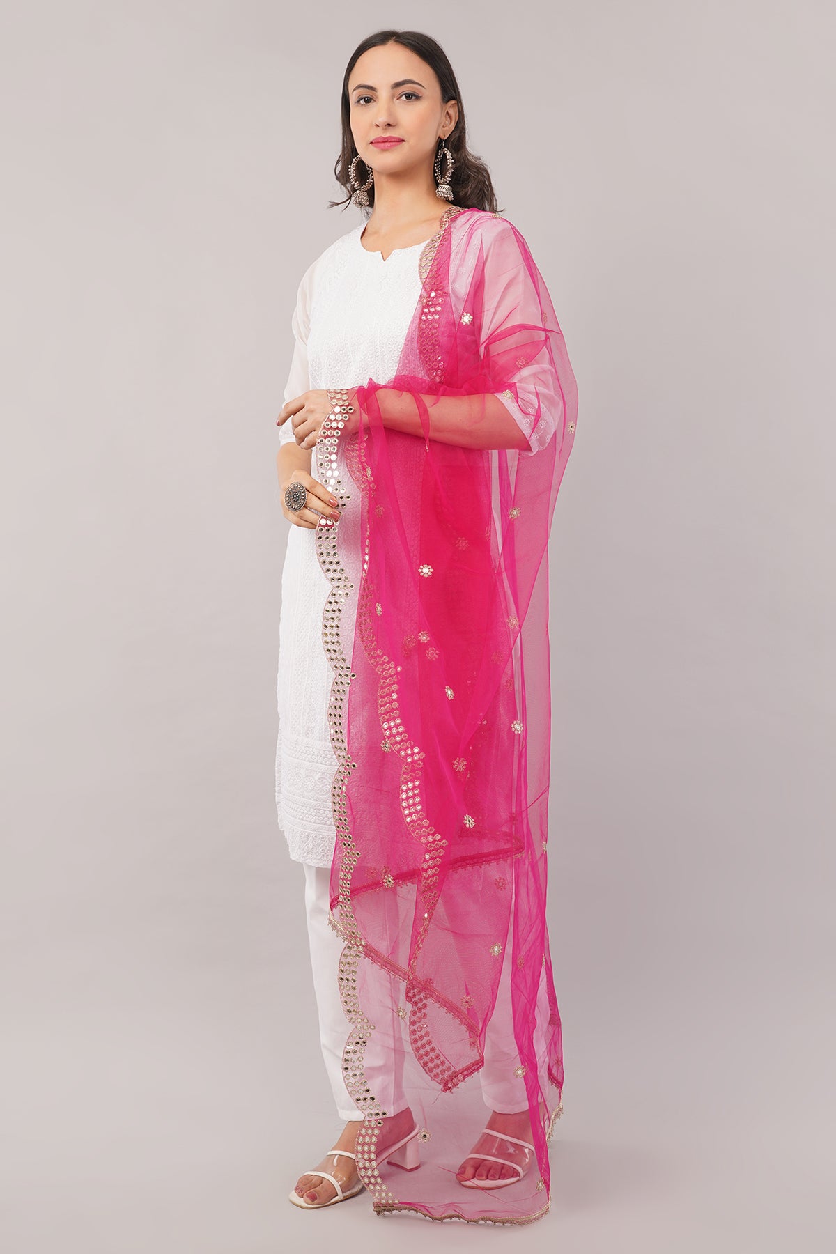 NET CUTWORK MIRROR DUPATTA (MARGENTA) NC9- NEGCHAAR