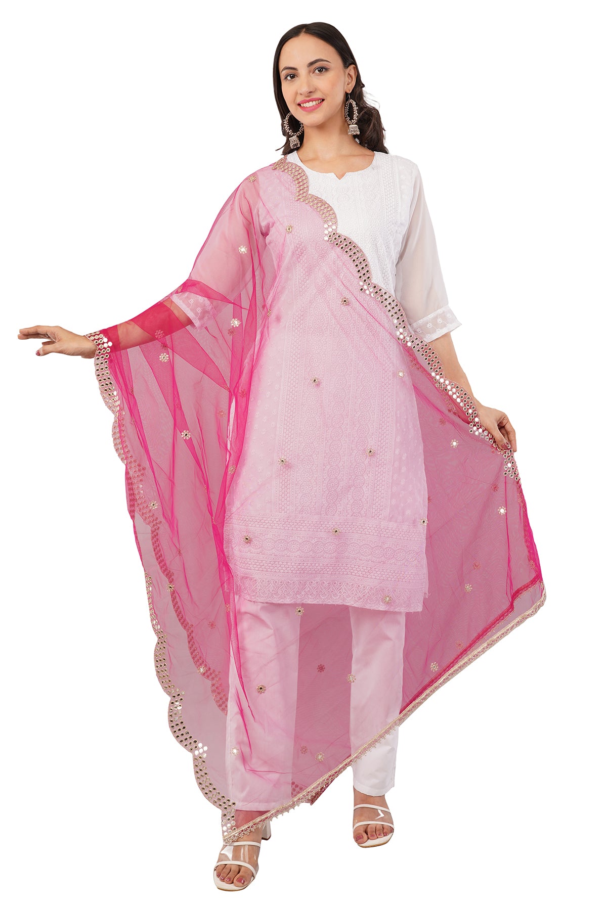 NET CUTWORK MIRROR DUPATTA (MARGENTA) NC9- NEGCHAAR