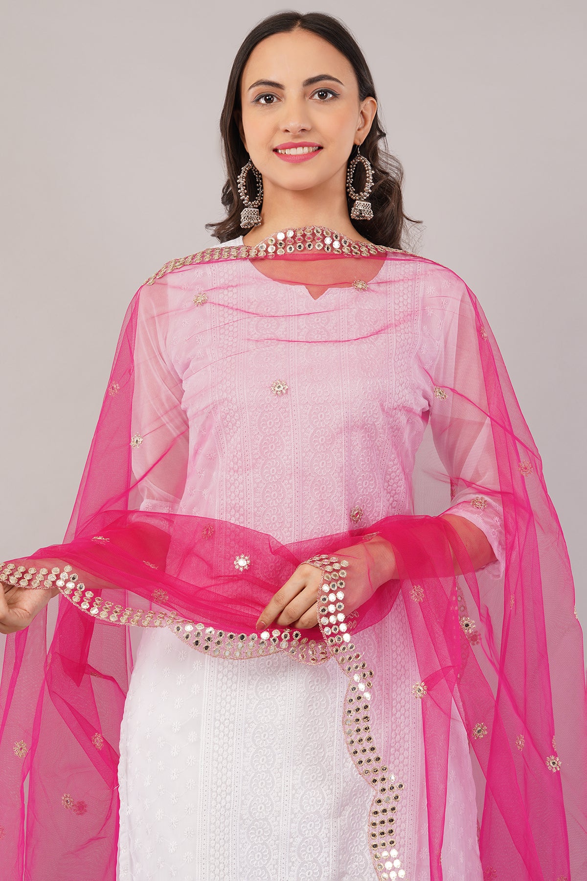NET CUTWORK MIRROR DUPATTA (MARGENTA) NC9- NEGCHAAR