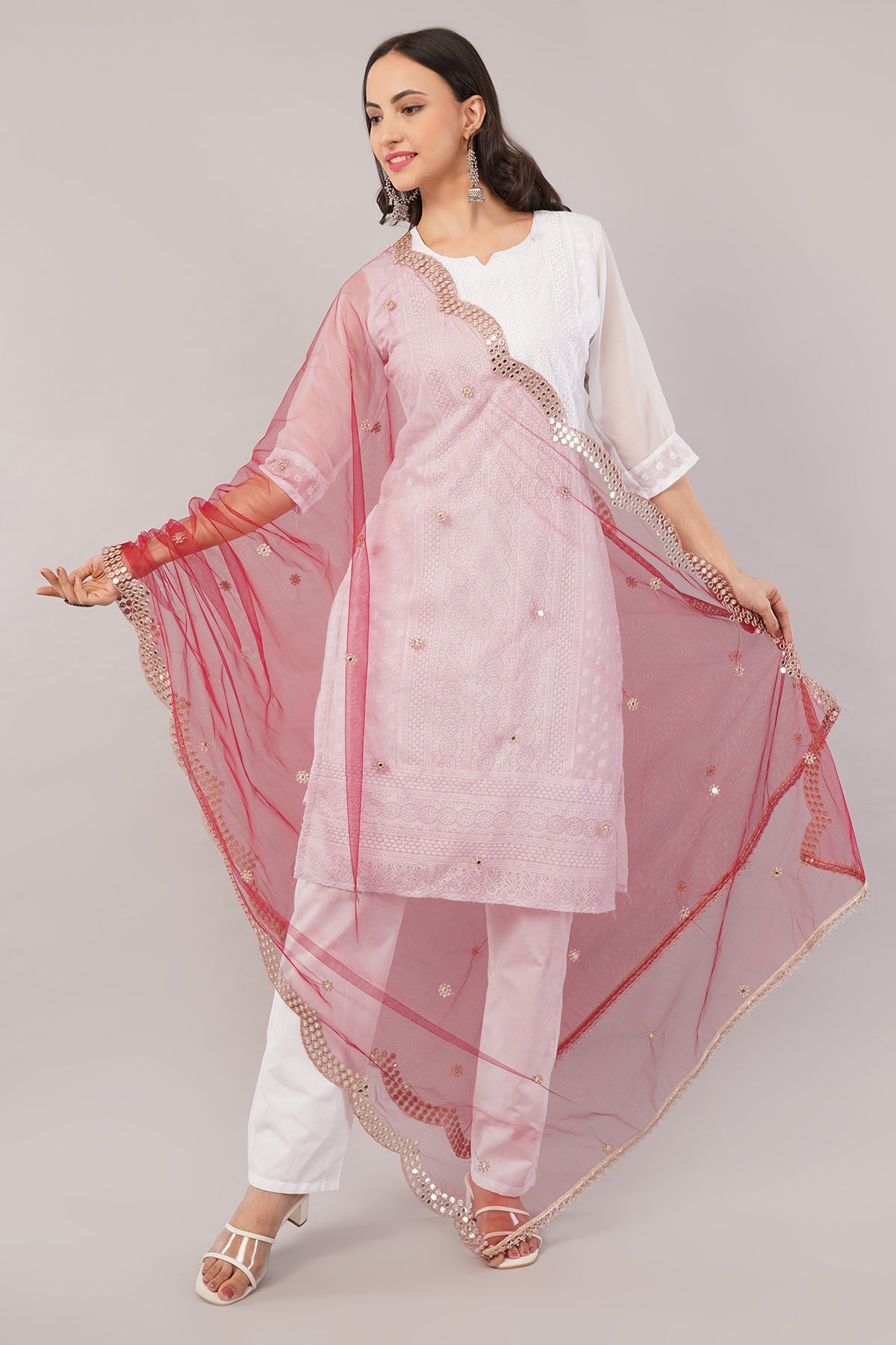 NET CUTWORK MIRROR DUPATTA (MAROON) NC5- NEGCHAAR