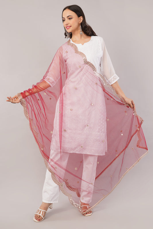NET CUTWORK MIRROR DUPATTA (MAROON) NC5- NEGCHAAR
