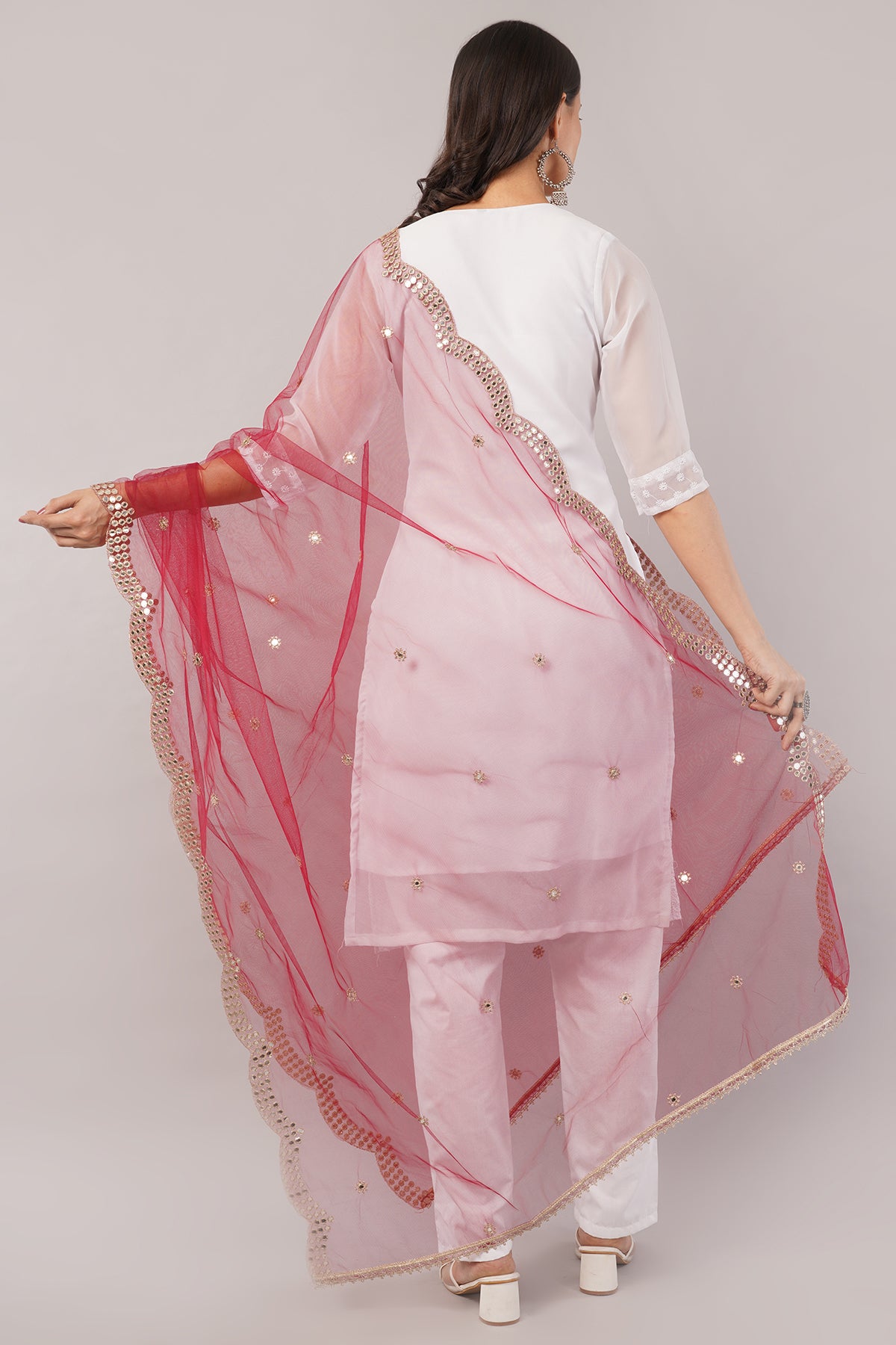 NET CUTWORK MIRROR DUPATTA (MAROON) NC5- NEGCHAAR