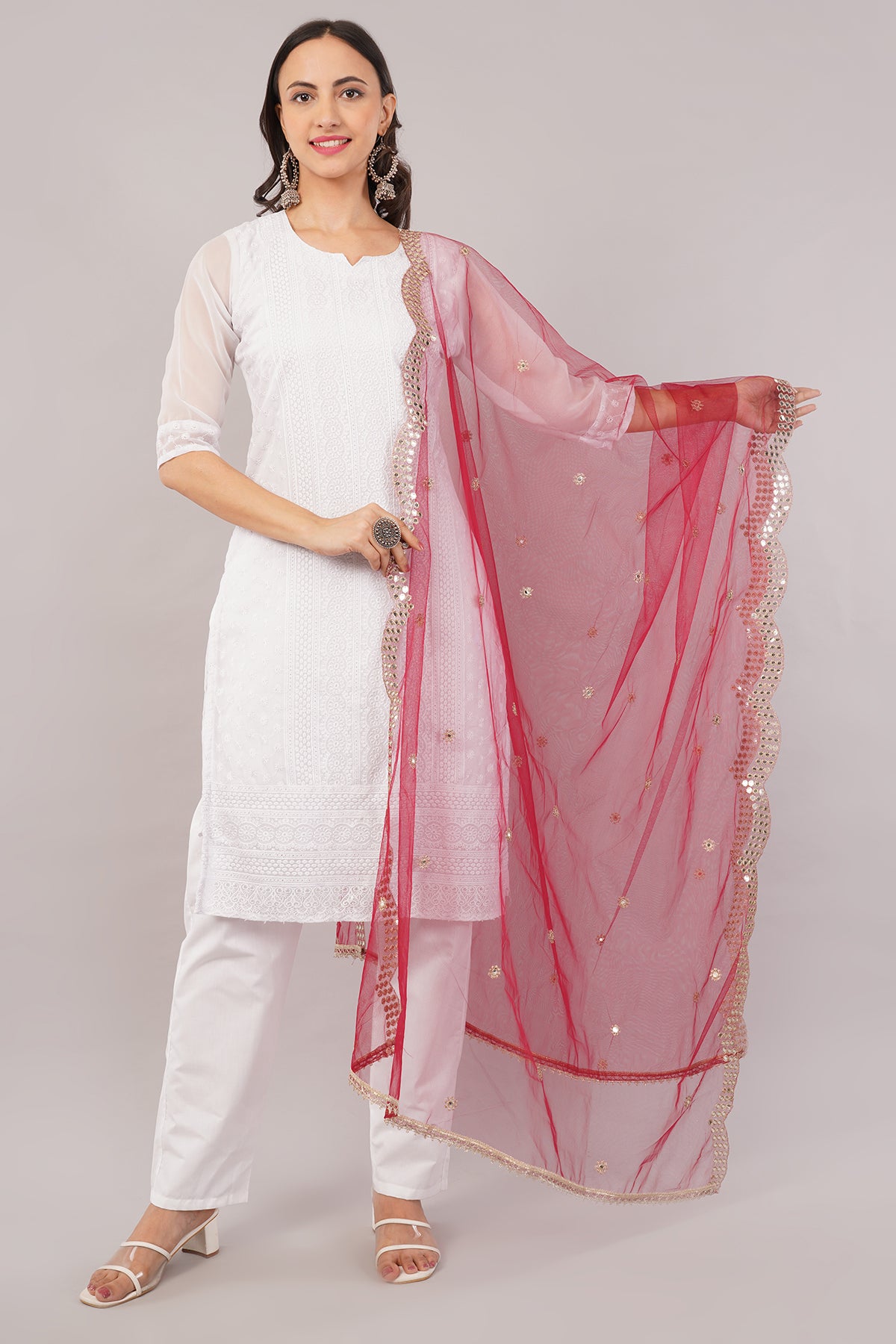NET CUTWORK MIRROR DUPATTA (MAROON) NC5- NEGCHAAR