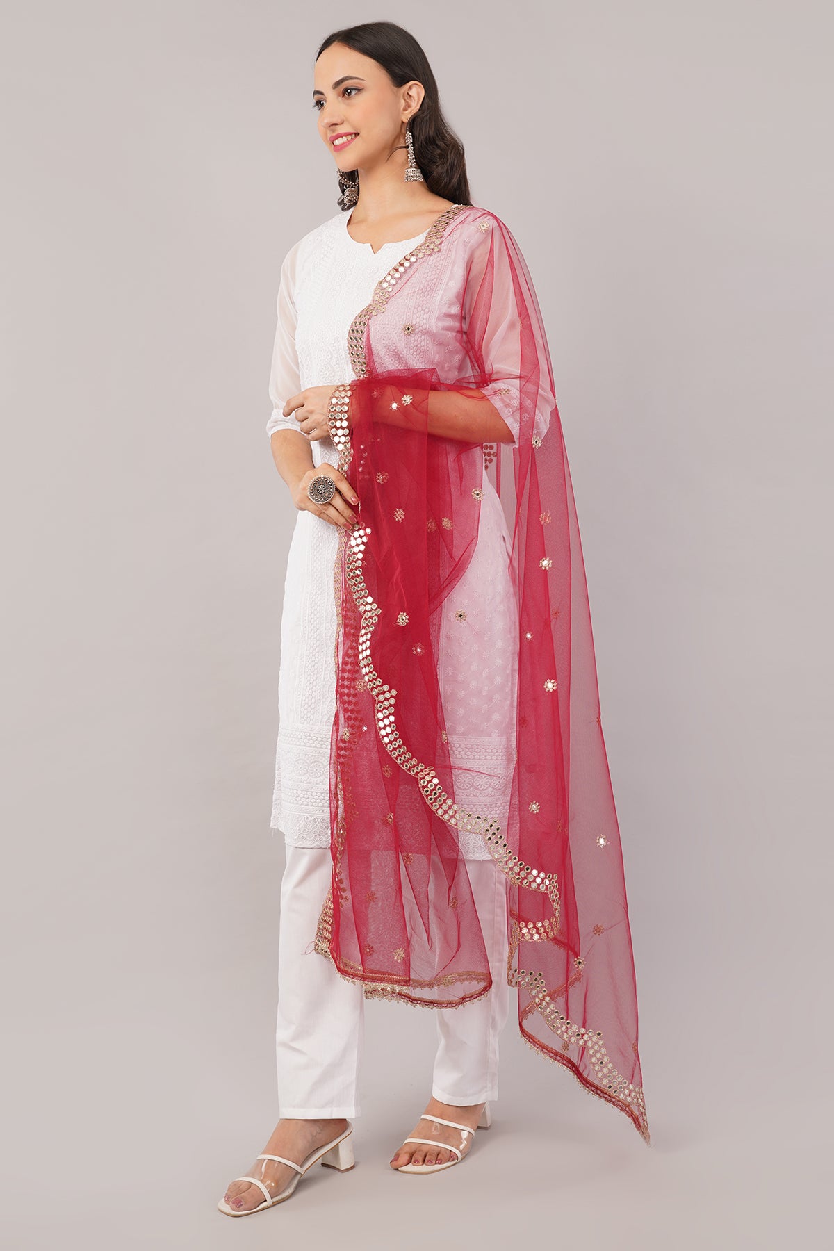 NET CUTWORK MIRROR DUPATTA (MAROON) NC5- NEGCHAAR