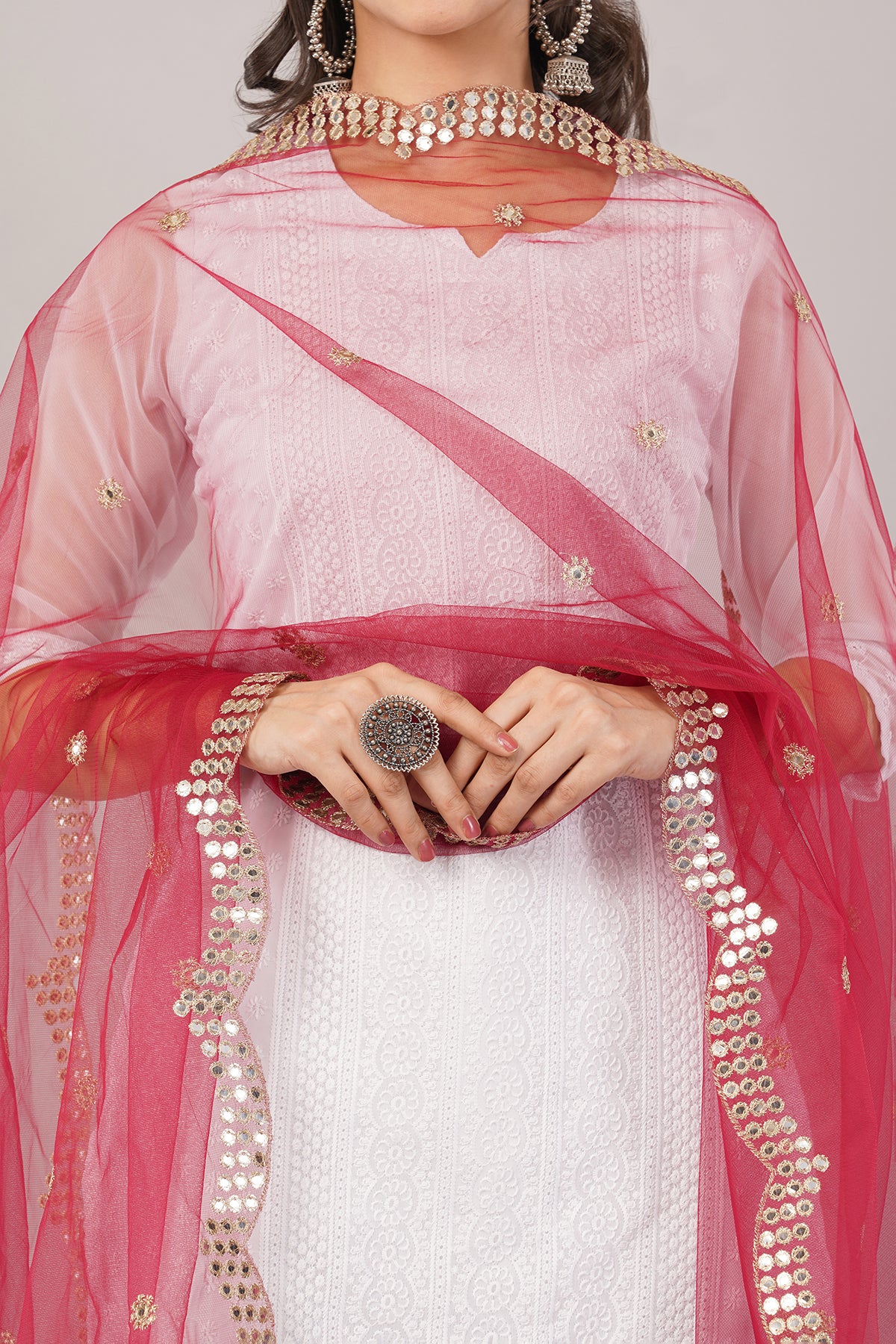 NET CUTWORK MIRROR DUPATTA (MAROON) NC5- NEGCHAAR