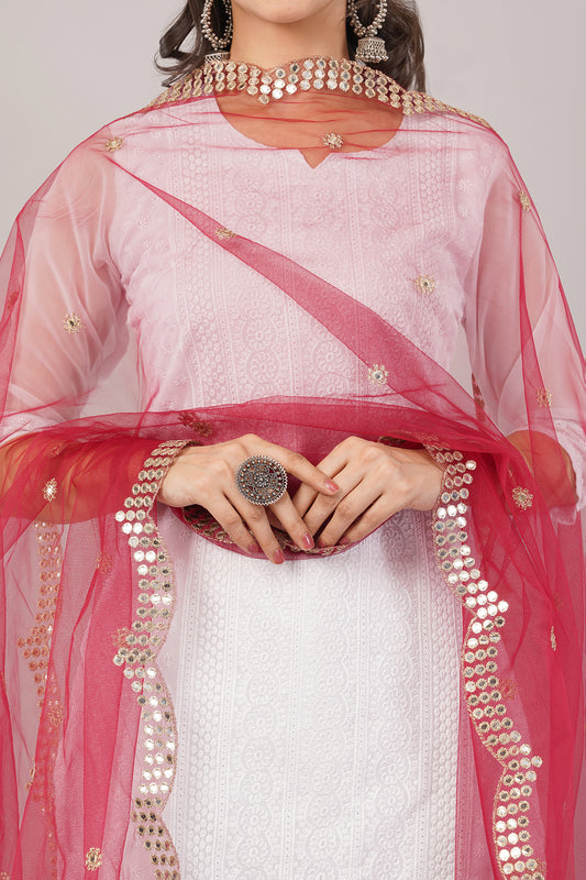 NET CUTWORK MIRROR DUPATTA (MAROON) NC5- NEGCHAAR