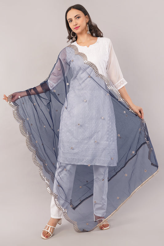 NET CUTWORK MIRROR DUPATTA (NAVY BLUE) NC8- NEGCHAAR