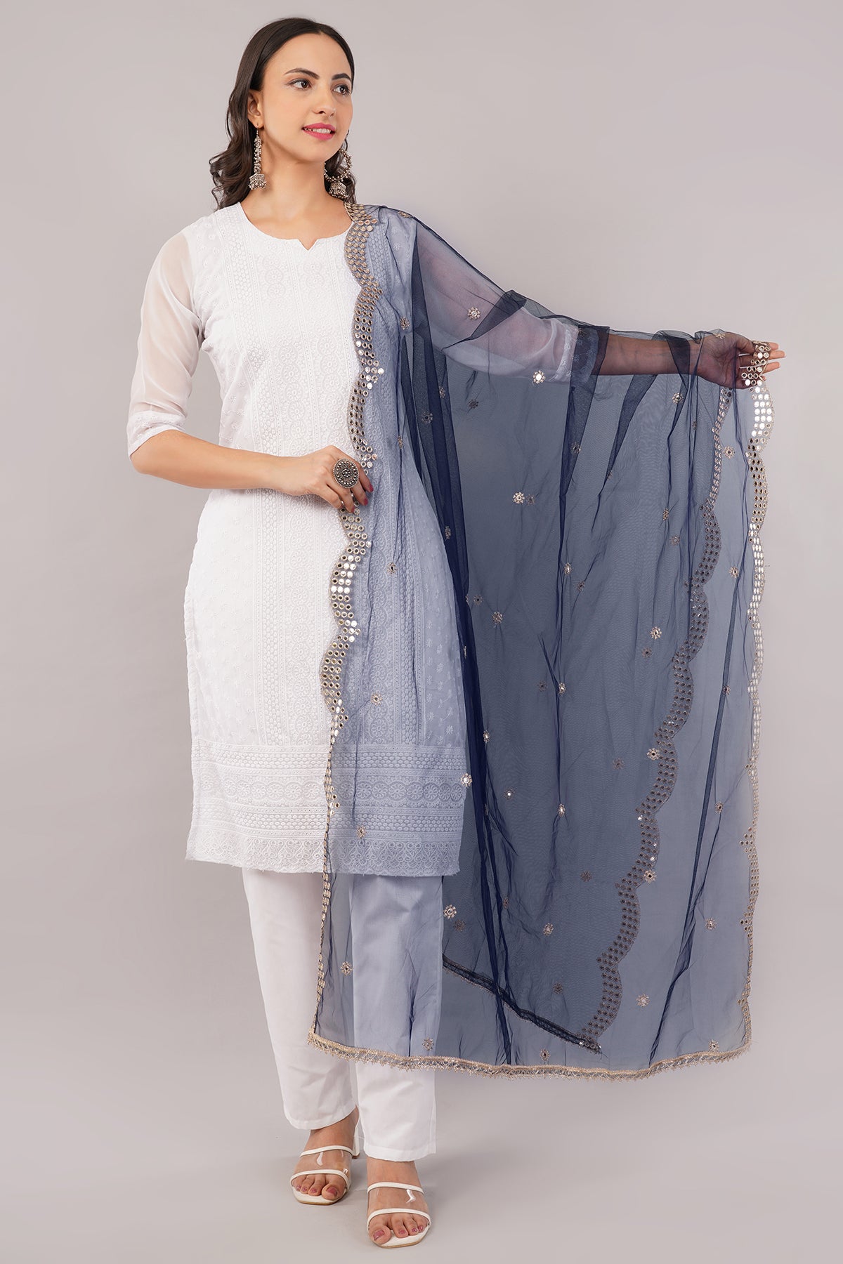 NET CUTWORK MIRROR DUPATTA (NAVY BLUE) NC8- NEGCHAAR