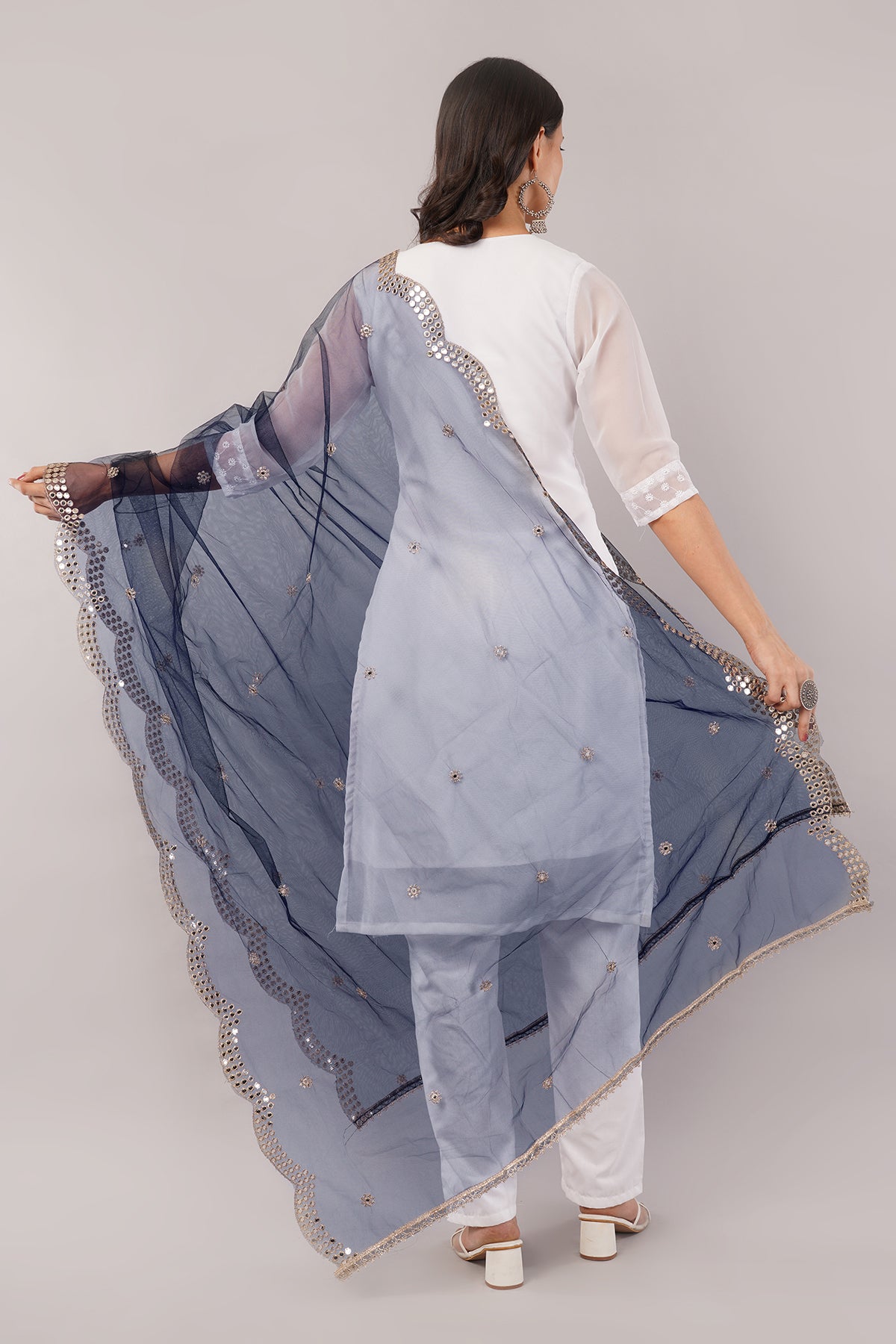 NET CUTWORK MIRROR DUPATTA (NAVY BLUE) NC8- NEGCHAAR