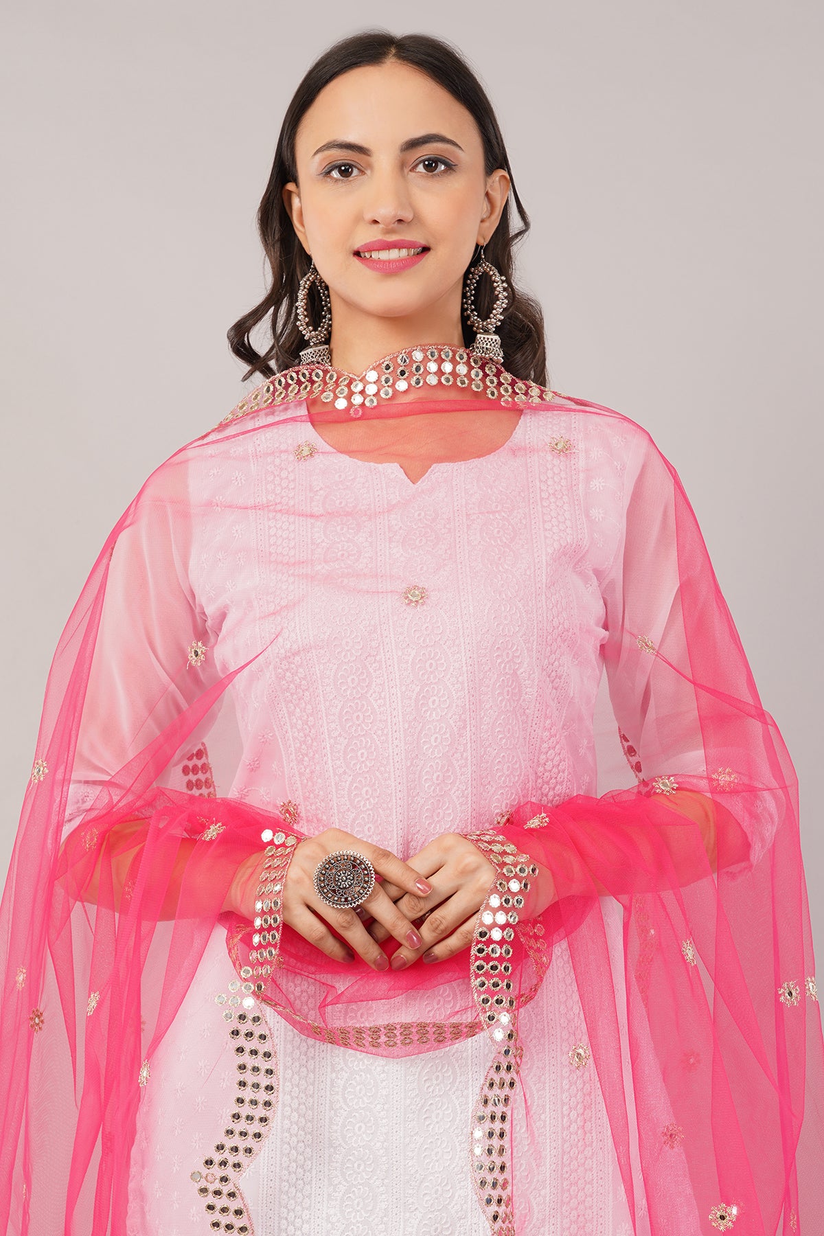 NET CUTWORK MIRROR DUPATTA (HOT PINK) NC4- NEGCHAAR