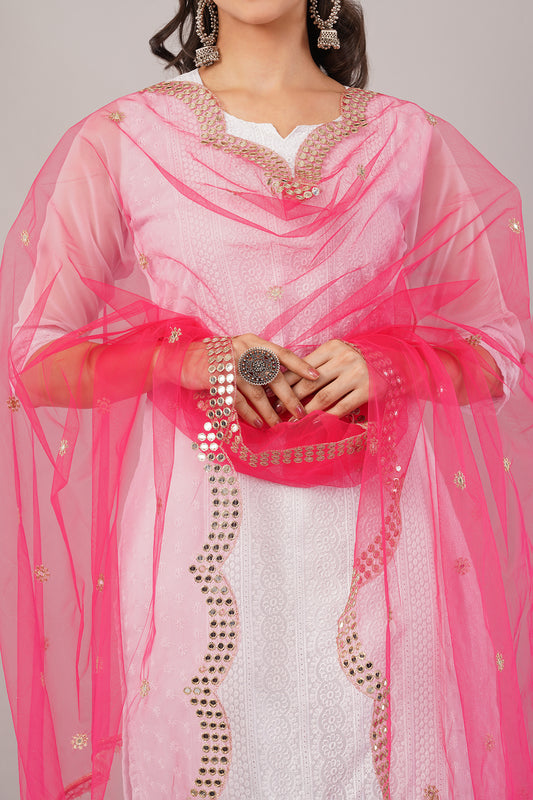 NET CUTWORK MIRROR DUPATTA (HOT PINK) NC4- NEGCHAAR