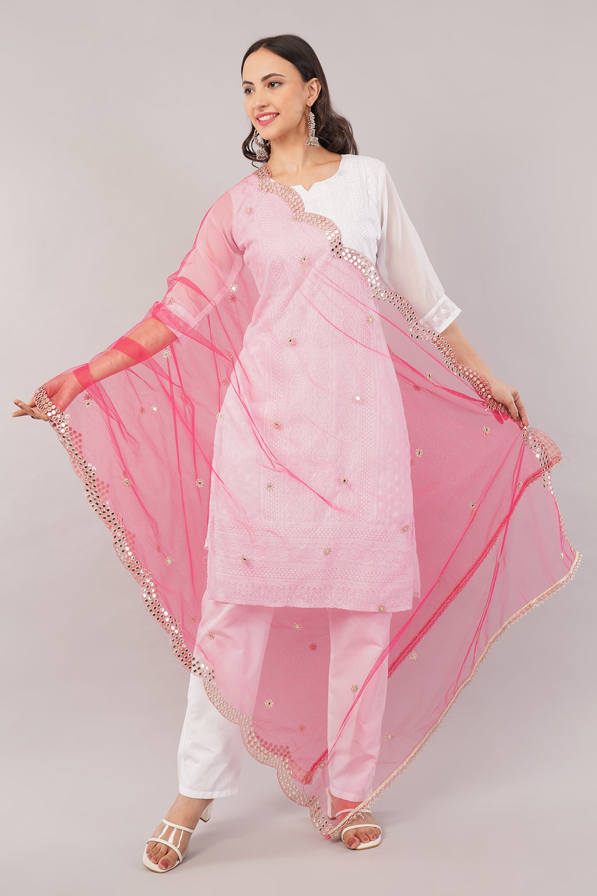NET CUTWORK MIRROR DUPATTA (HOT PINK) NC4- NEGCHAAR