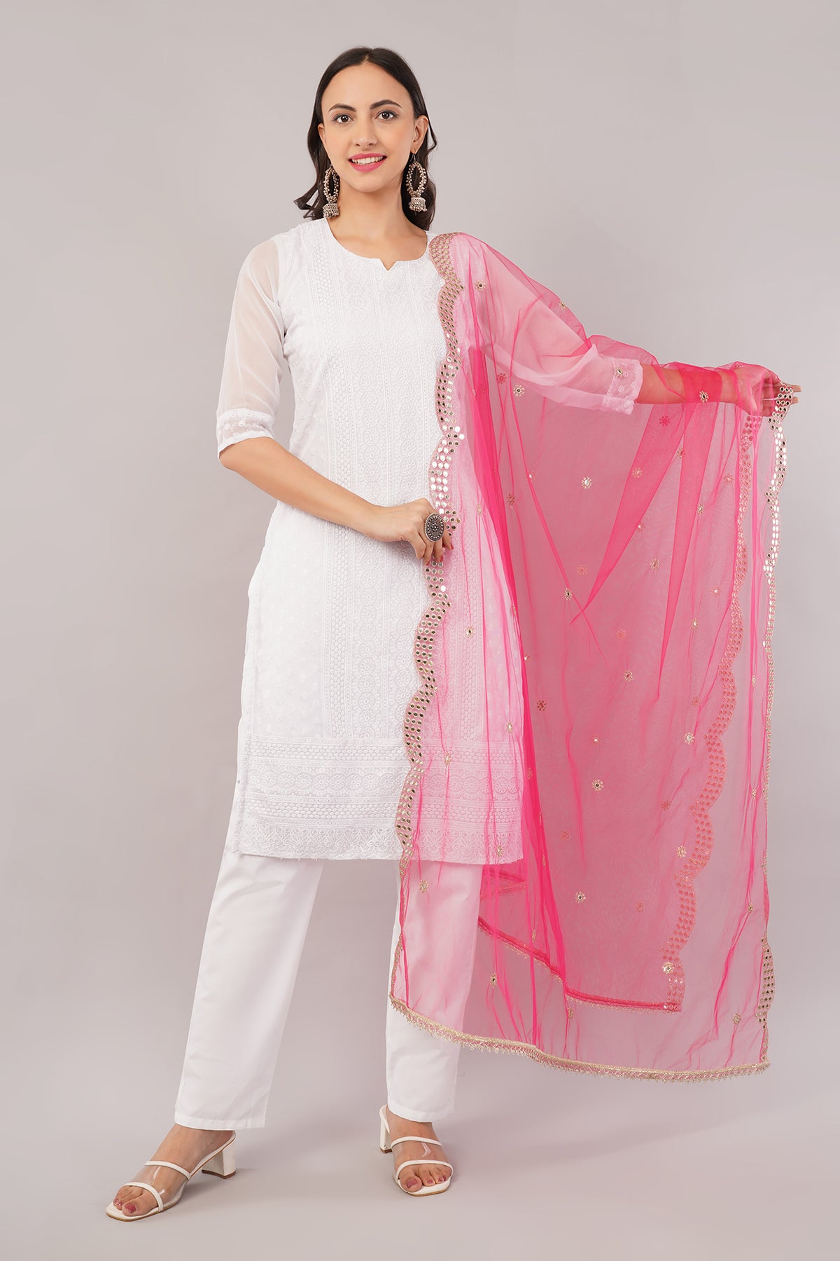 NET CUTWORK MIRROR DUPATTA (HOT PINK) NC4- NEGCHAAR