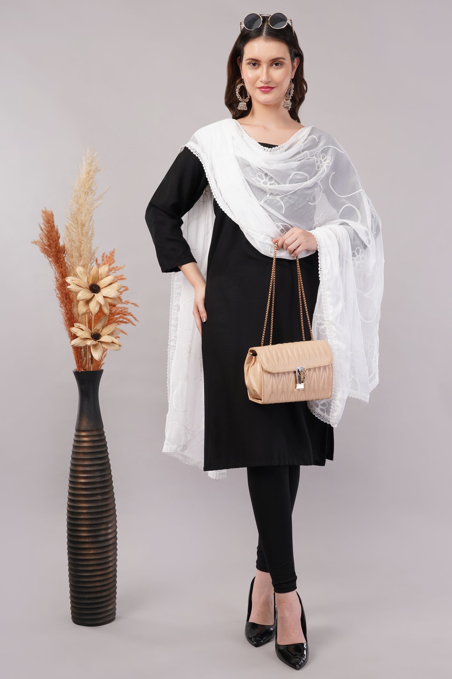 “Nazneen Chiffon Embroidered Dyeable Dupatta (ND1) with delicate embroidery – lightweight, breathable, and perfect for custom dyeing and everyday ethnic wear by Negchaar”