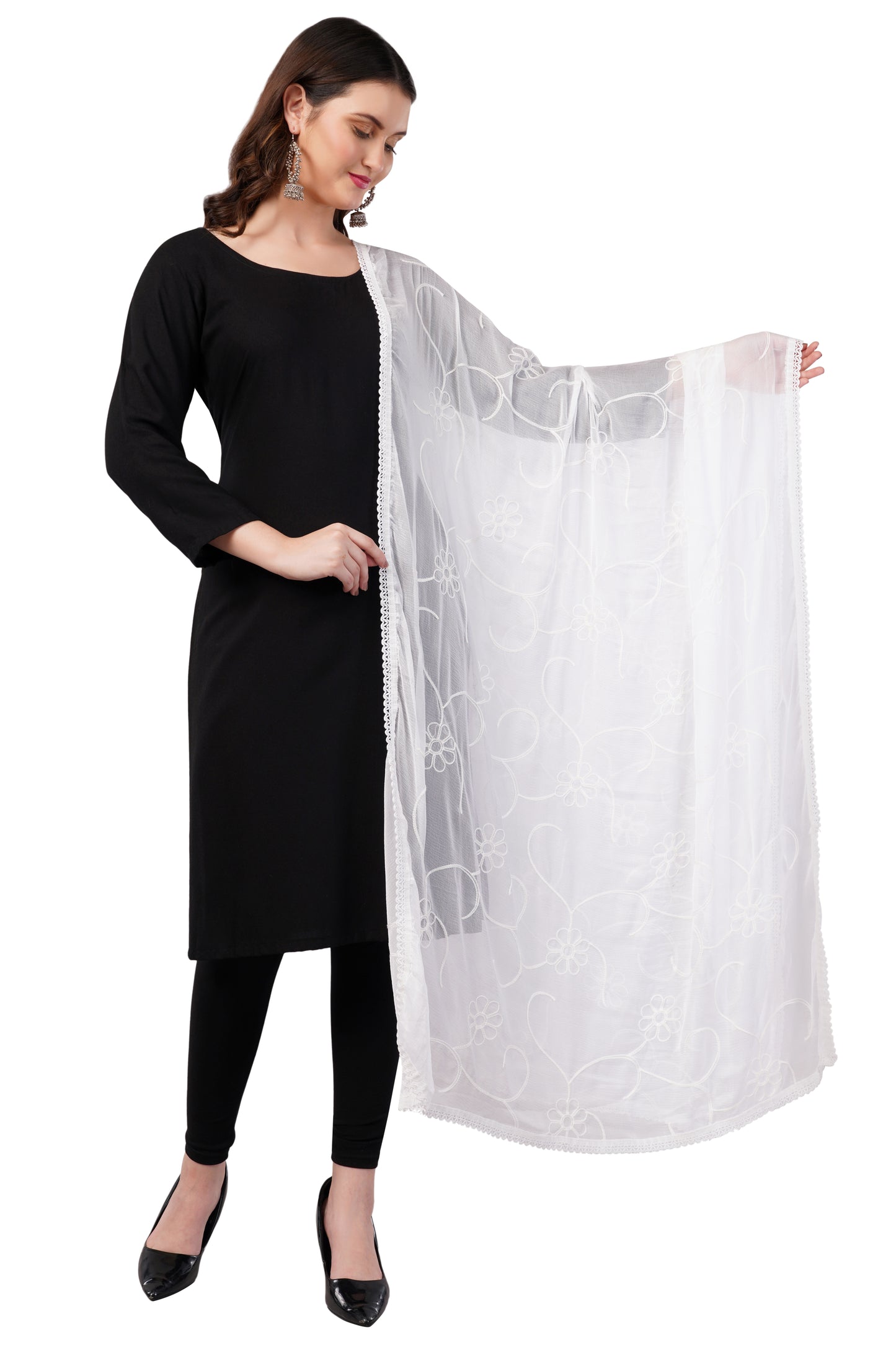 “Nazneen Chiffon Embroidered Dyeable Dupatta (ND1) with delicate embroidery – lightweight, breathable, and perfect for custom dyeing and everyday ethnic wear by Negchaar”