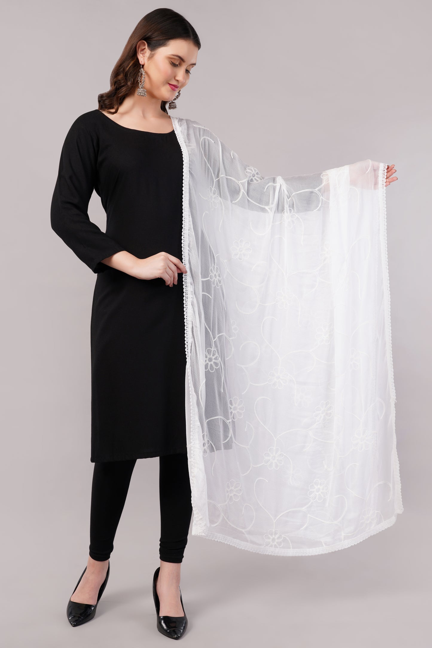 “Nazneen Chiffon Embroidered Dyeable Dupatta (ND1) with delicate embroidery – lightweight, breathable, and perfect for custom dyeing and everyday ethnic wear by Negchaar”