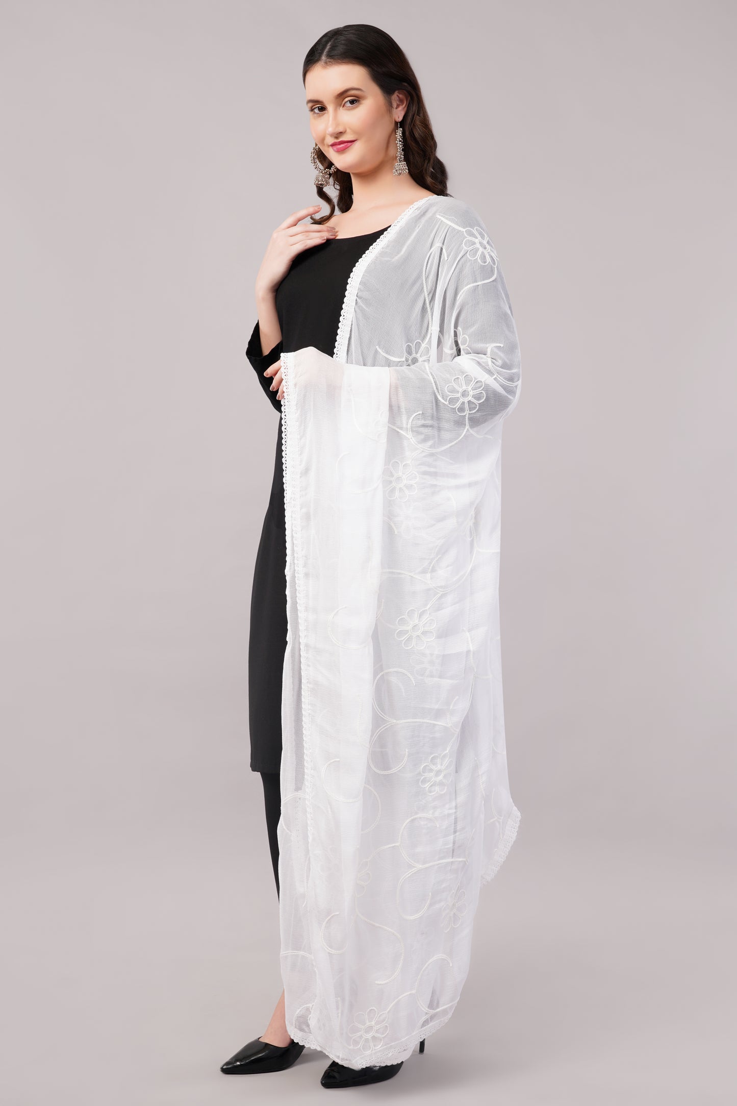 “Nazneen Chiffon Embroidered Dyeable Dupatta (ND1) with delicate embroidery – lightweight, breathable, and perfect for custom dyeing and everyday ethnic wear by Negchaar”