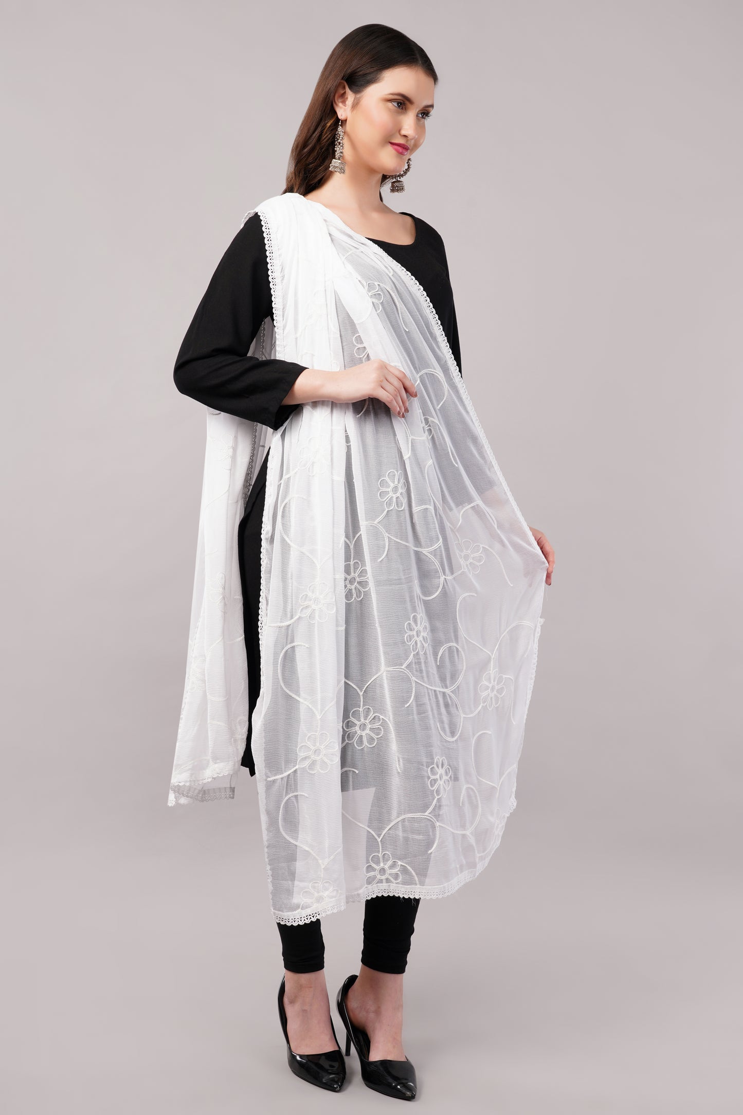 “Nazneen Chiffon Embroidered Dyeable Dupatta (ND1) with delicate embroidery – lightweight, breathable, and perfect for custom dyeing and everyday ethnic wear by Negchaar”