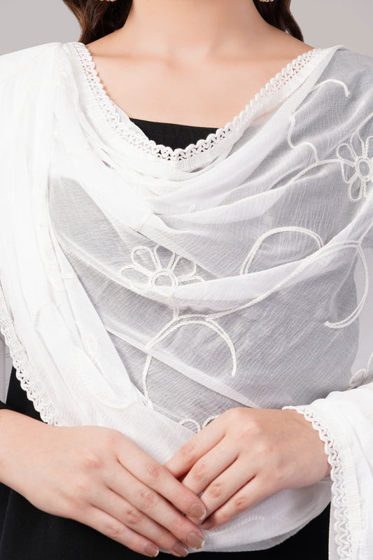 “Nazneen Chiffon Embroidered Dyeable Dupatta (ND1) with delicate embroidery – lightweight, breathable, and perfect for custom dyeing and everyday ethnic wear by Negchaar”